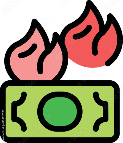 Banknote burning with flames illustrating financial crisis, inflation, economic recession, and investment loss