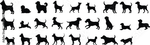 Dog silhouettes, animal shapes, pet illustration, canine breeds, domestic dogs, sitting, standing, running, lying down, diverse poses, black outline art