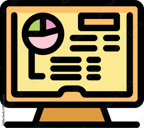 Market analysis results displayed on a computer monitor, featuring a pie chart and data visualization for business insights
