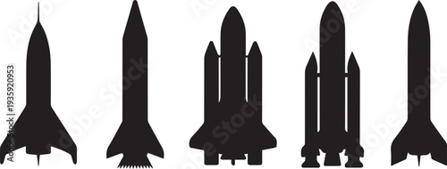 Five black silhouettes of different rockets and space shuttles on white background de