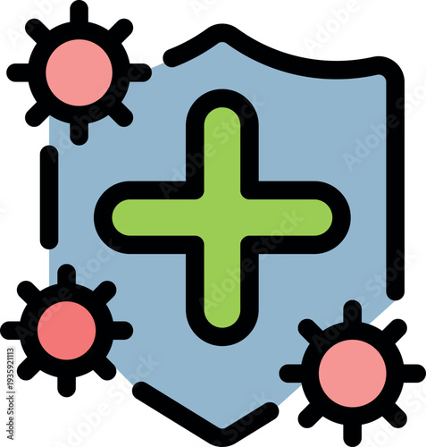 Shield protecting against viruses with medical symbol