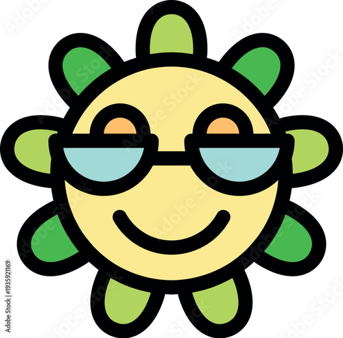 Cartoon sun wearing sunglasses, enjoying summer and smiling