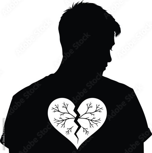 Broken heart concept inside human chest silhouette emotional pain heartbreak love loss sadness mental health vector illustration design