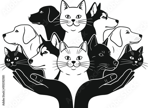 Animal shelter concept with dogs and cats in caring hands pet adoption protection vector illustration design