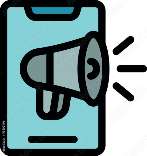 Megaphone speaking from smartphone screen promoting advertising campaign