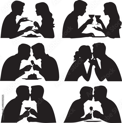 Silhouette couple toasting with wine glasses at dinner date romantic scene desi