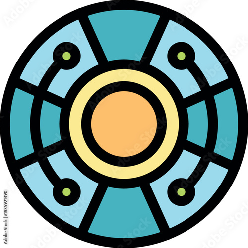 Futuristic circular device with electronic connections is sending and receiving data