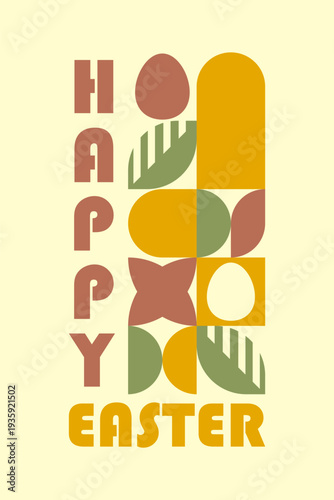 Vertical Easter Greeting Card in Retro Style with Earthy Geometric Shapes. Vector illustration