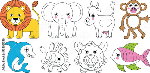 Cute safari and sea animals vector collection, lion elephant cow monkey dolphin crab pig fish coloring book