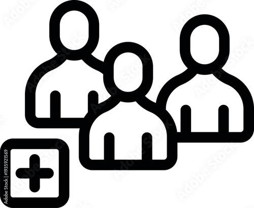 Plus sign near group of people symbolizes adding new team member, expanding workforce, and personnel recruitment