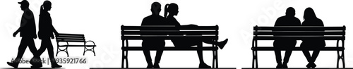 Couple silhouettes walking and sitting on park bench romantic relationship moments love date lifestyle people black silhouette vector illustration