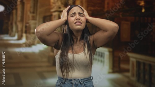 Woman holding her head with both hands in a historic stone building corridor, visible bare arms and tense expression; anxiety overwhelmed.
