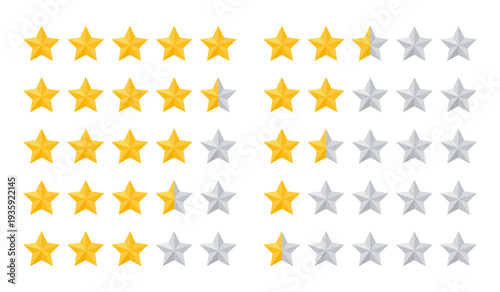 5 star rate. Five review icons. Yellow gray feedback rating signs. Satisfaction golden mark. Product evaluation rank isolated on white background. Appraisal system quality. Vector illustration.