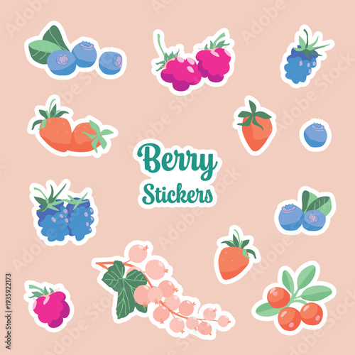 A set of hand-drawn stickers with both forest and garden berries. Vector illustration.