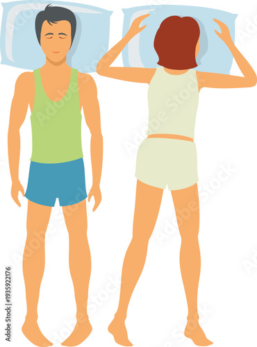 Sleeping couple in bed. Night dream bedroom people