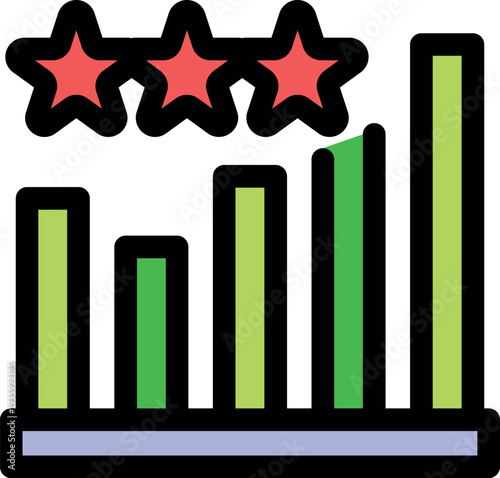 Green bar graph growing and achieving a high rating of three red stars, concept of business success and growth