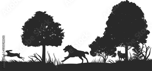 Woodland trees with animal silhouettes. Wildlife black background