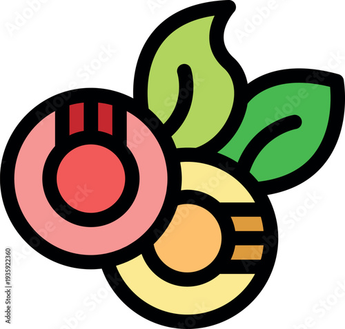 Lychee fruit cut open, showing its pulp and green leaves, simple colored vector icon