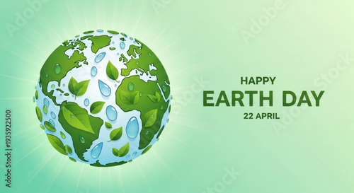 Happy earth day celebration with green globe and leaves on eco friendly background