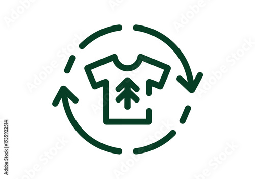A green icon of a t-shirt with arrows forming a recycling symbol on a white background