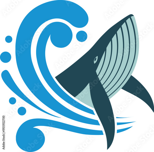 Water splash with whale color logo. Aquatic animal