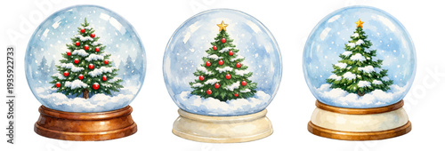 A charming watercolor collection of Christmas snow globes with decorated Christmas trees for holiday greeting cards and festive design.