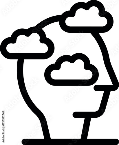 Stylized human head profile with clouds symbolizing thoughts, ideas, and imagination, suitable for projects related to psychology, creativity, and mental processes