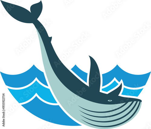 Whale in sea color logo. Diving marine animal