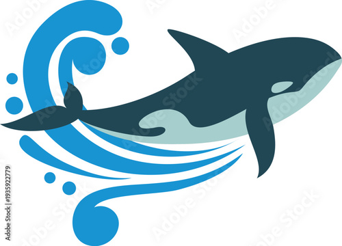 Marine logo with orca animal jumping from water waves