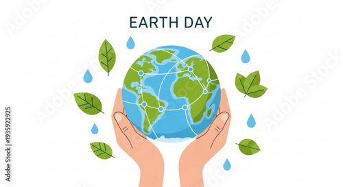 Earth day illustration of hands holding the globe with leaves and raindrops symbolizing environmental conservation and sustainability