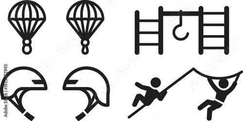 Adventure outdoor activity icons collection featuring parachute, zipline, helmet, and monkey bar symbols. Vector black silhouette set for recreation, safety, sports, and adventure design projects.