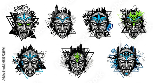 Collection of stylized tribal masks with urban elements.