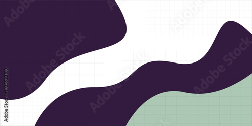 Artistic abstract background with flowing organic wavy shapes in a contemporary palette of deep purple, soft green, and clean white, ideal for modern design templates
