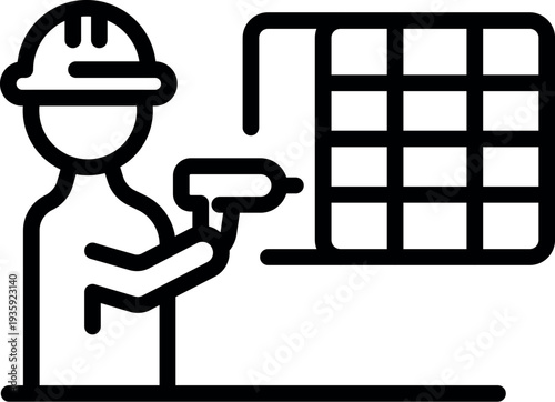 Construction worker using drilling machine while installing window glass, home renovation process