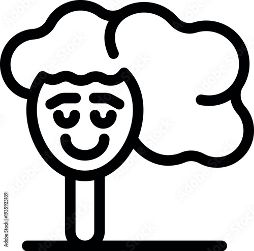 Happy cartoon tree with closed eyes, bushy hair and smiling face, representing nature, ecology and happiness