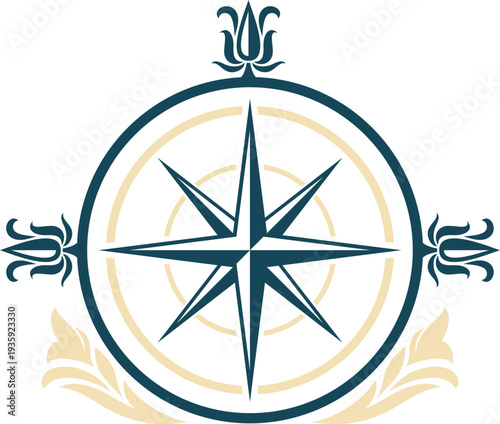 Antique wind rose compass star decorative emblem
