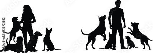 Dog training silhouette, human animal interaction, multiple dogs jumping sitting lying, companionship pet care illustration, outdoor lifestyle inspiration showcase