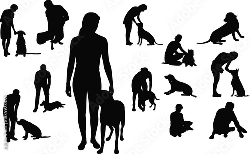 Dog training silhouettes, human pet interaction, walking with dogs, companionship poses, pet care figures, animal bonding, obedience practice, friendship design art