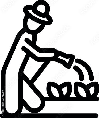 Farmer watering plants in garden with watering can, agriculture and gardening icon