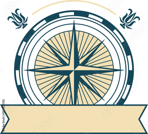 Cruise emblem with hand drawn compass wind rose