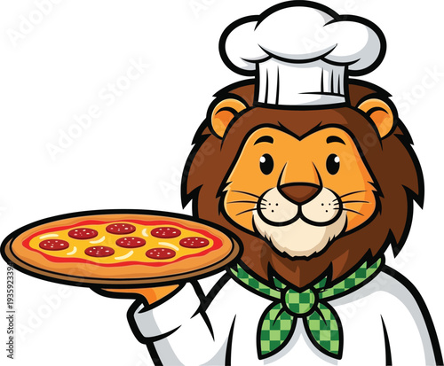 Friendly cartoon lion chef mascot wearing a toque and holding a freshly baked pepperoni pizza on a serving tray in a charming vector graphic illustration design