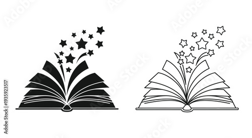 Two open books with sparkling stars emanating from the pages