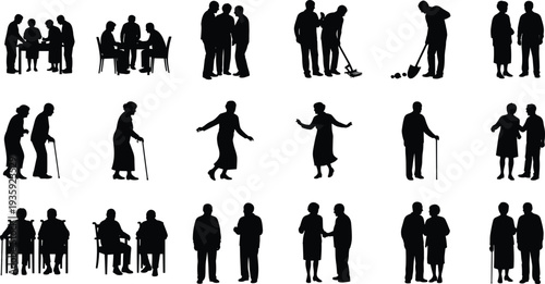 Elderly silhouettes group, senior people activities, aging lifestyle illustration, social interaction artwork, companionship concept design, retirement community vector, active aging figures