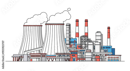 Industrial complex with smokestacks emitting pollution into the sky