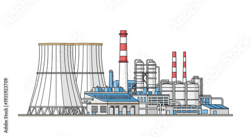 Illustration of an industrial power plant with cooling towers and smokestacks