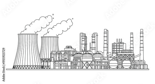 Industrial complex with cooling towers and smokestacks emitting pollution