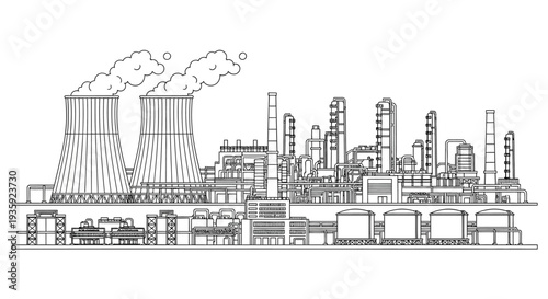 Industrial landscape with power plant factories and emitting smoke stacks