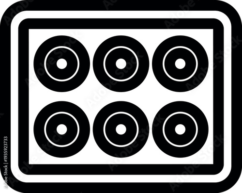 Black and white icon of a sound system with six loudspeakers