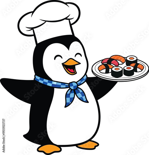 vector illustration featuring a cheerful cartoon penguin dressed as a professional chef, happily presenting a delicious plate of freshly prepared sushi and maki rolls, perfect for restaurant branding 