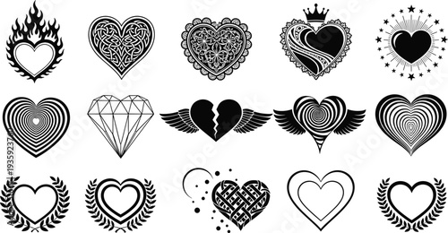 Decorative heart symbols collection love romance valentine ornate wings crown flame vector illustration icon set design elements